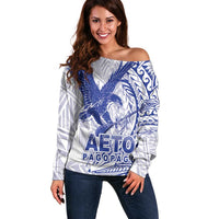 American Samoa Pago Pago Aeto Off Shoulder Sweater Wingstyle Blue-White Color LT03 Women White - Polynesian Pride