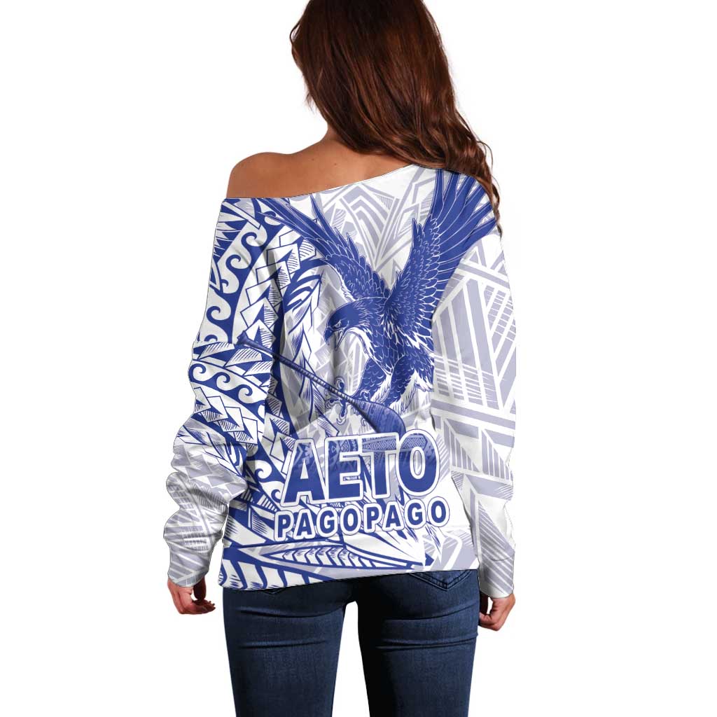 American Samoa Pago Pago Aeto Off Shoulder Sweater Wingstyle Blue-White Color LT03 - Polynesian Pride