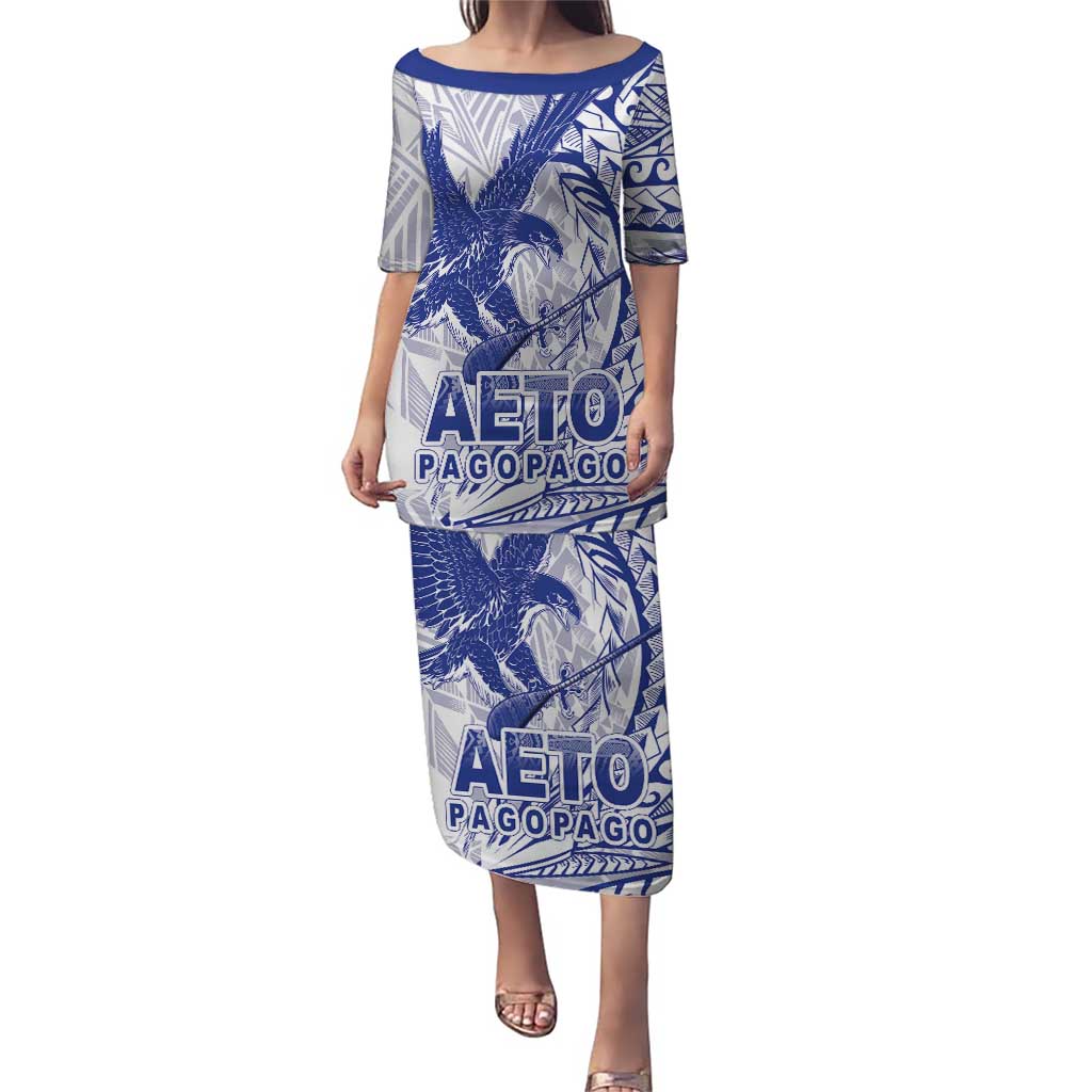American Samoa Pago Pago Aeto Puletasi Wingstyle Blue-White Color LT03 Long Dress White - Polynesian Pride