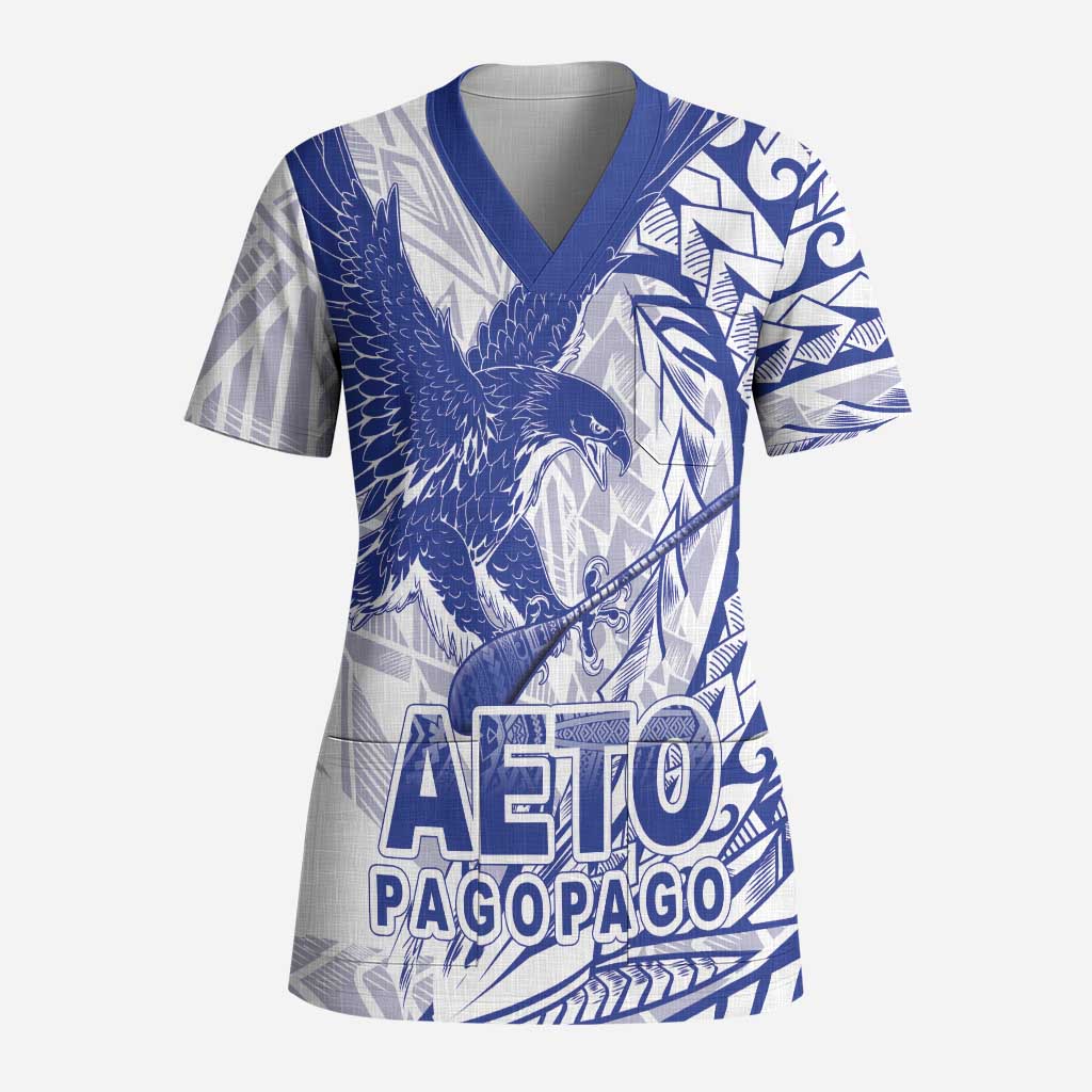 American Samoa Pago Pago Aeto Scrub Top Wingstyle Blue-White Color LT03 Adult White - Polynesian Pride