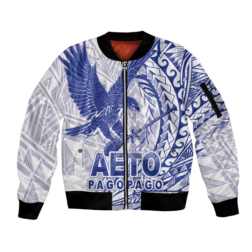 American Samoa Pago Pago Aeto Sleeve Zip Bomber Jacket Wingstyle Blue-White Color LT03 Unisex White - Polynesian Pride
