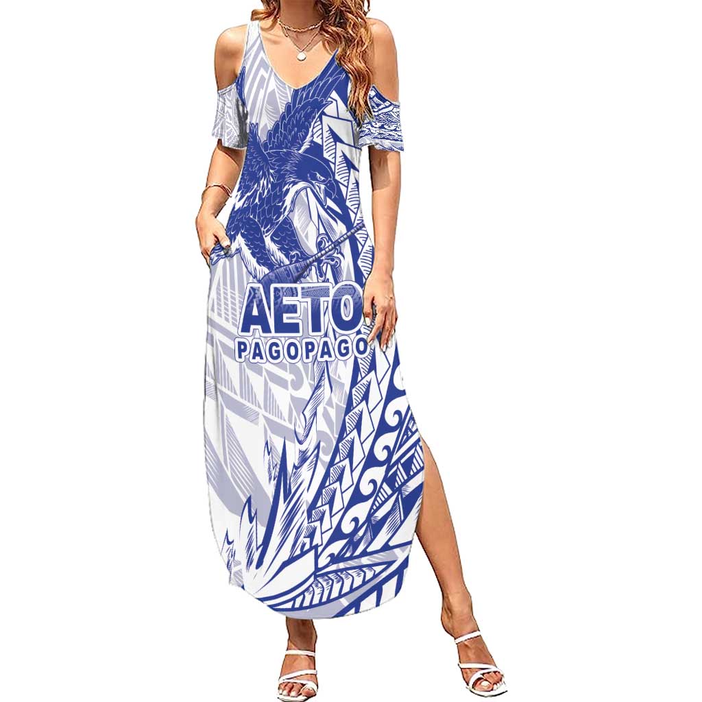 American Samoa Pago Pago Aeto Summer Maxi Dress Wingstyle Blue-White Color LT03 Women White - Polynesian Pride