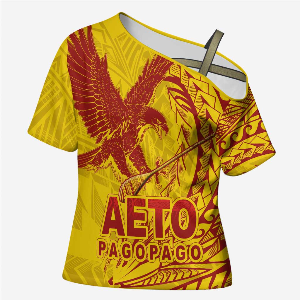 American Samoa Pago Pago Aeto Cross Shoulder Shirt Wingstyle Red-Gold Color LT03 Female Yellow - Polynesian Pride