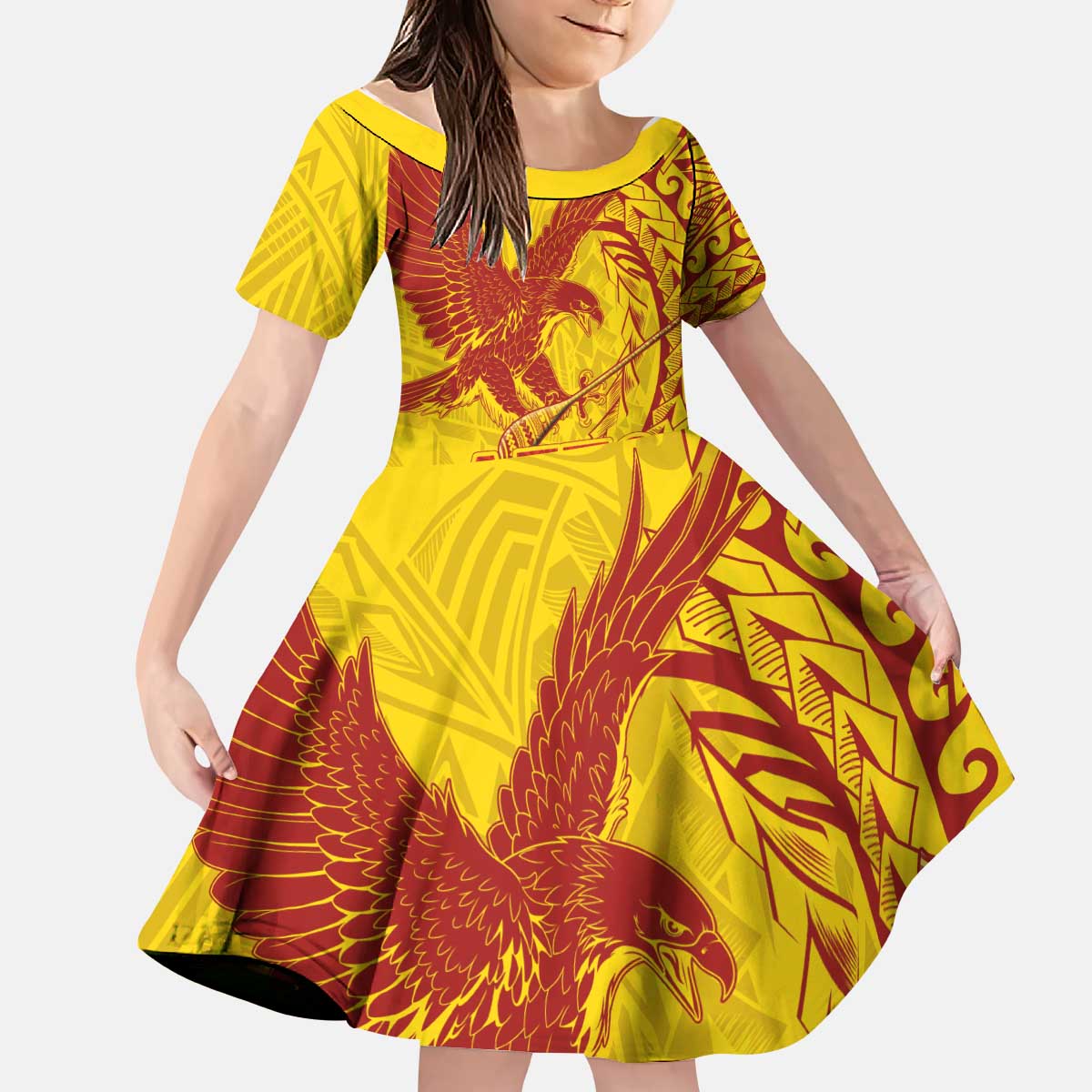 American Samoa Pago Pago Aeto Kid Short Sleeve Dress Wingstyle Red-Gold Color LT03 KID Yellow - Polynesian Pride
