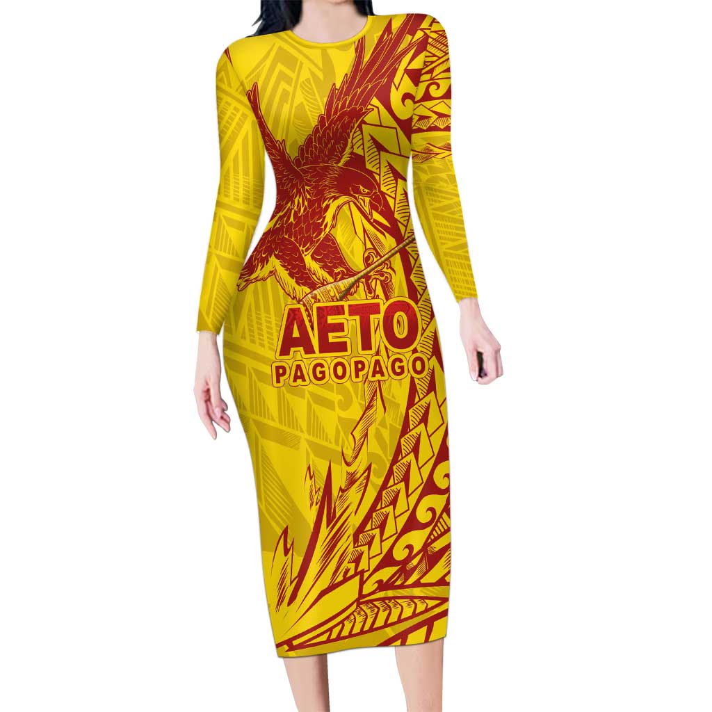 American Samoa Pago Pago Aeto Long Sleeve Bodycon Dress Wingstyle Red-Gold Color LT03 Long Dress Yellow - Polynesian Pride