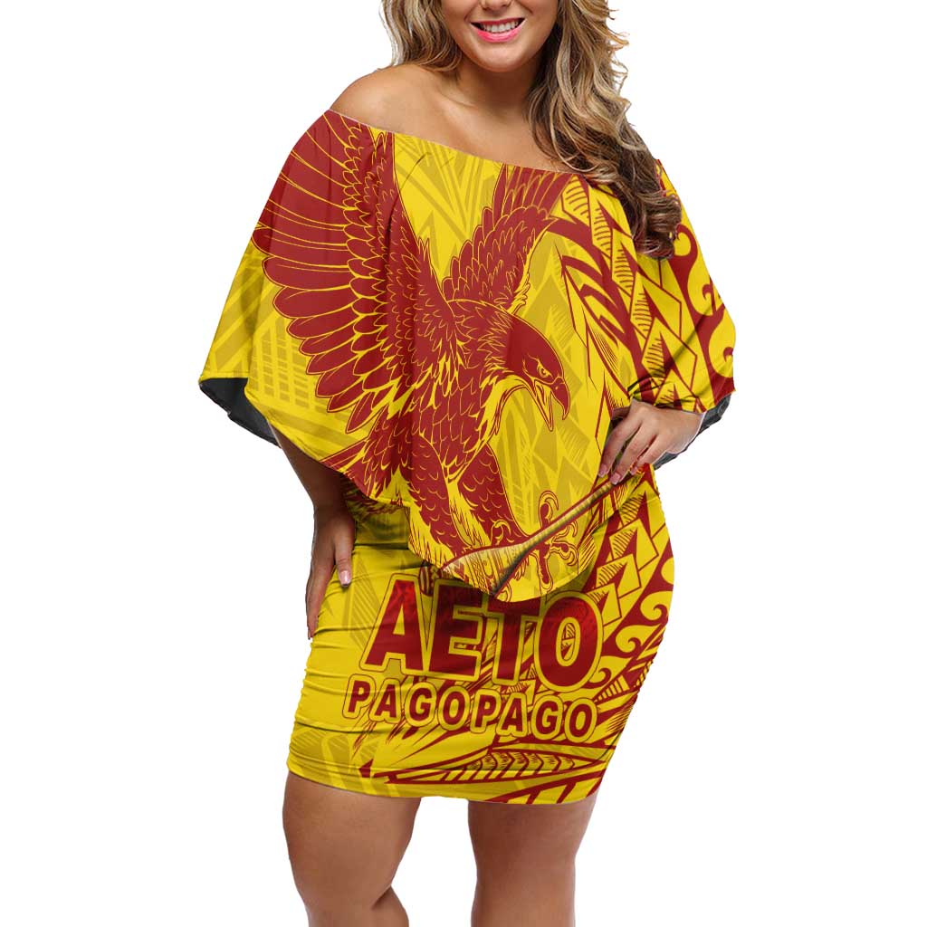 American Samoa Pago Pago Aeto Off Shoulder Short Dress Wingstyle Red-Gold Color LT03 Women Yellow - Polynesian Pride