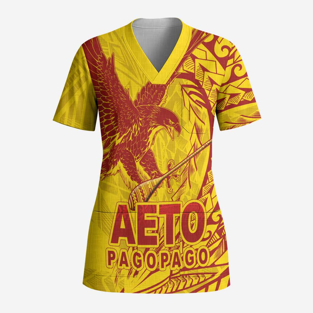 American Samoa Pago Pago Aeto Scrub Top Wingstyle Red-Gold Color LT03 Adult Yellow - Polynesian Pride
