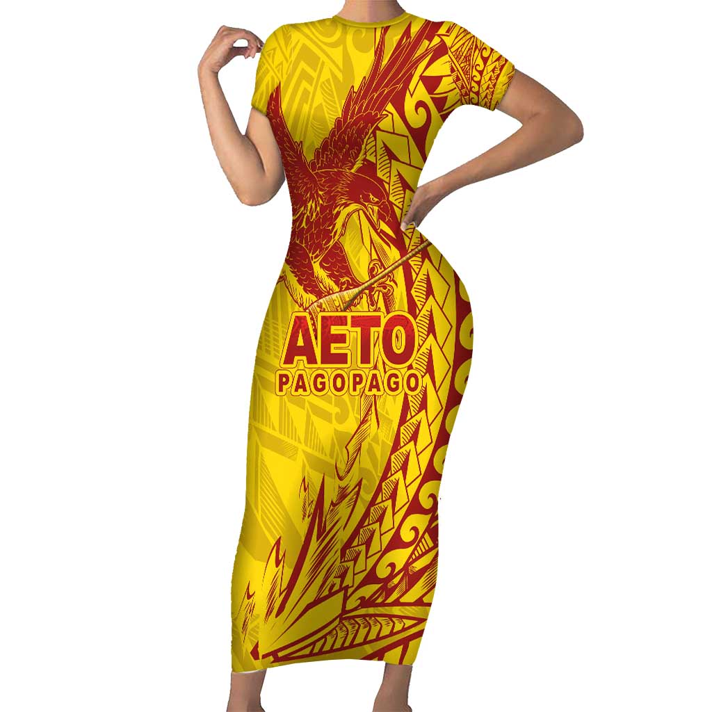 American Samoa Pago Pago Aeto Short Sleeve Bodycon Dress Wingstyle Red-Gold Color LT03 Long Dress Yellow - Polynesian Pride