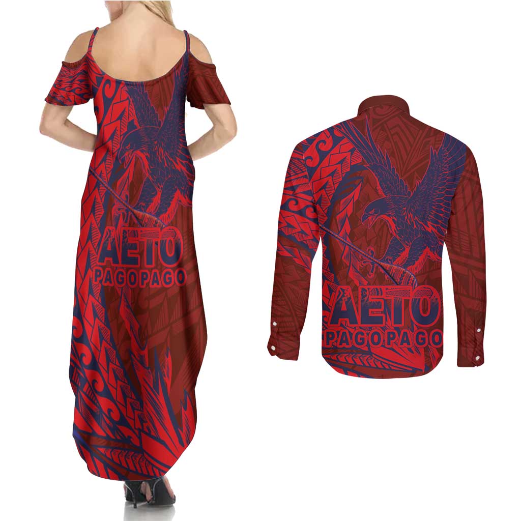 American Samoa Pago Pago Aeto Couples Matching Summer Maxi Dress and Long Sleeve Button Shirt Wingstyle Red-Blue Color LT03 - Polynesian Pride