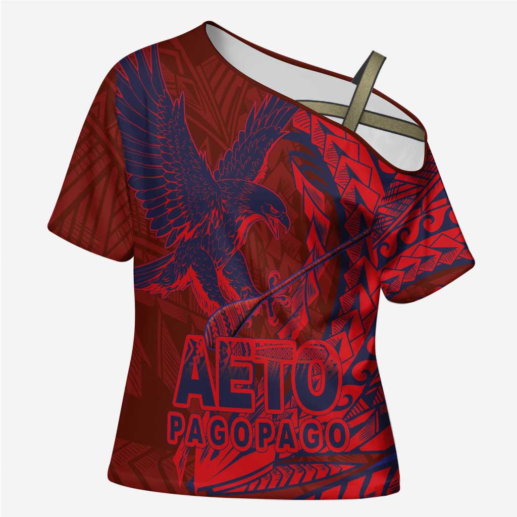 American Samoa Pago Pago Aeto Cross Shoulder Shirt Wingstyle Red-Blue Color LT03 Female Red - Polynesian Pride