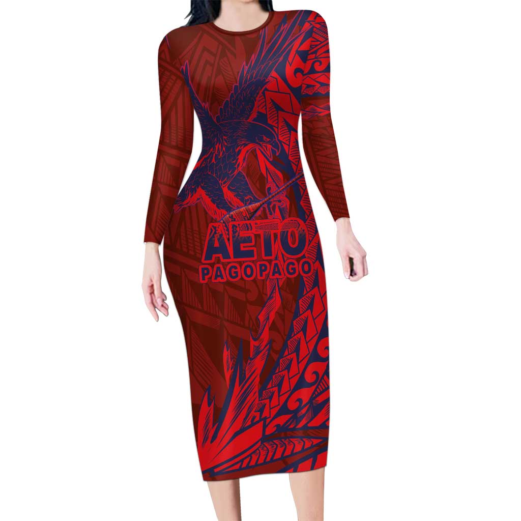 American Samoa Pago Pago Aeto Long Sleeve Bodycon Dress Wingstyle Red-Blue Color LT03 Long Dress Red - Polynesian Pride