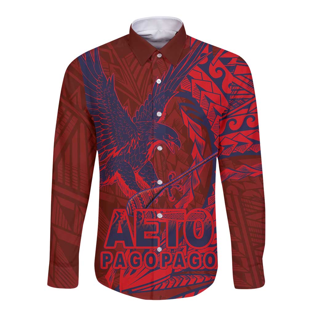 American Samoa Pago Pago Aeto Long Sleeve Button Shirt Wingstyle Red-Blue Color LT03 Unisex Red - Polynesian Pride