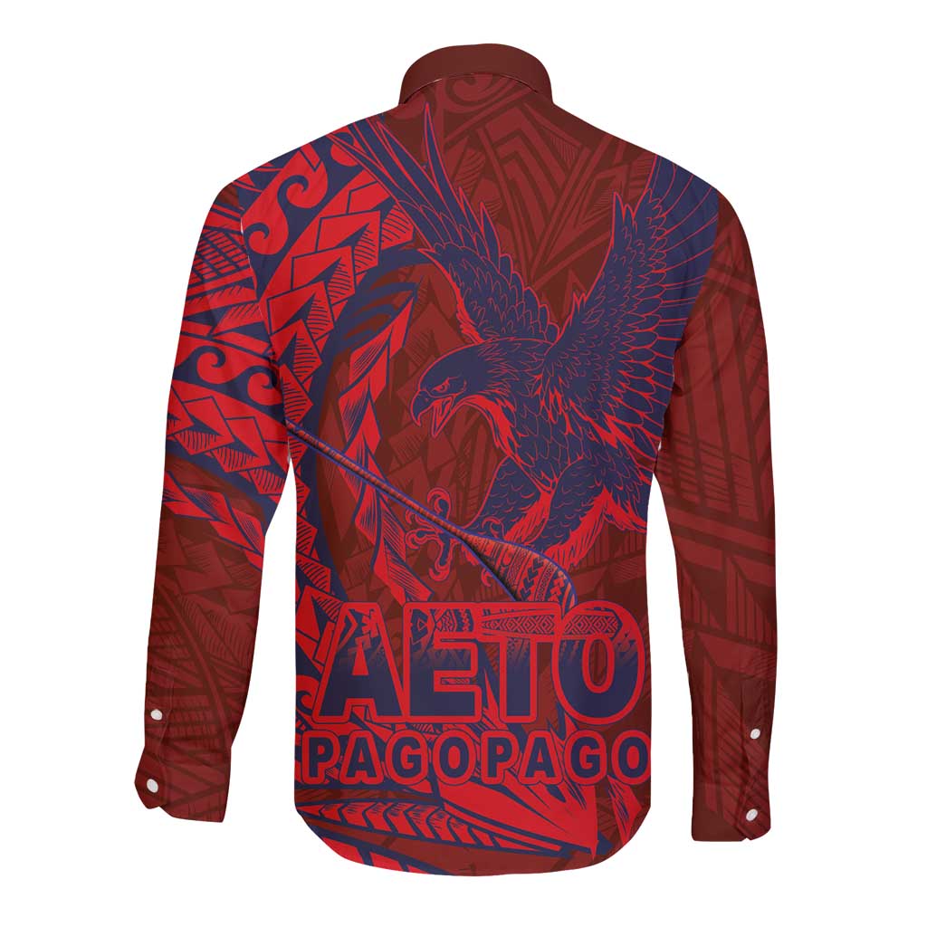 American Samoa Pago Pago Aeto Long Sleeve Button Shirt Wingstyle Red-Blue Color LT03 - Polynesian Pride