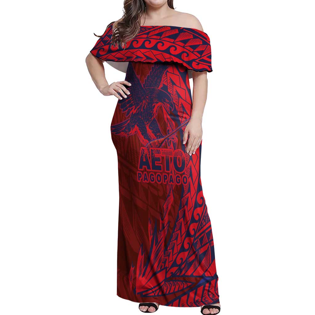 American Samoa Pago Pago Aeto Off Shoulder Maxi Dress Wingstyle Red-Blue Color LT03 Women Red - Polynesian Pride