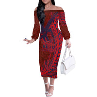 American Samoa Pago Pago Aeto Off The Shoulder Long Sleeve Dress Wingstyle Red-Blue Color LT03 Women Red - Polynesian Pride