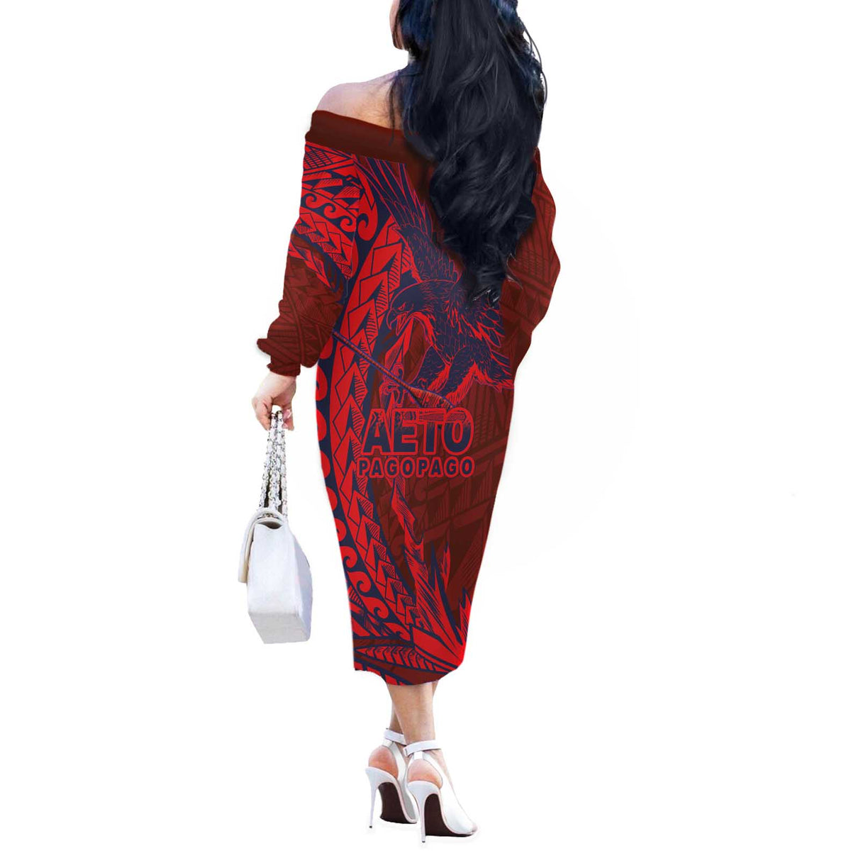 American Samoa Pago Pago Aeto Off The Shoulder Long Sleeve Dress Wingstyle Red-Blue Color LT03 - Polynesian Pride