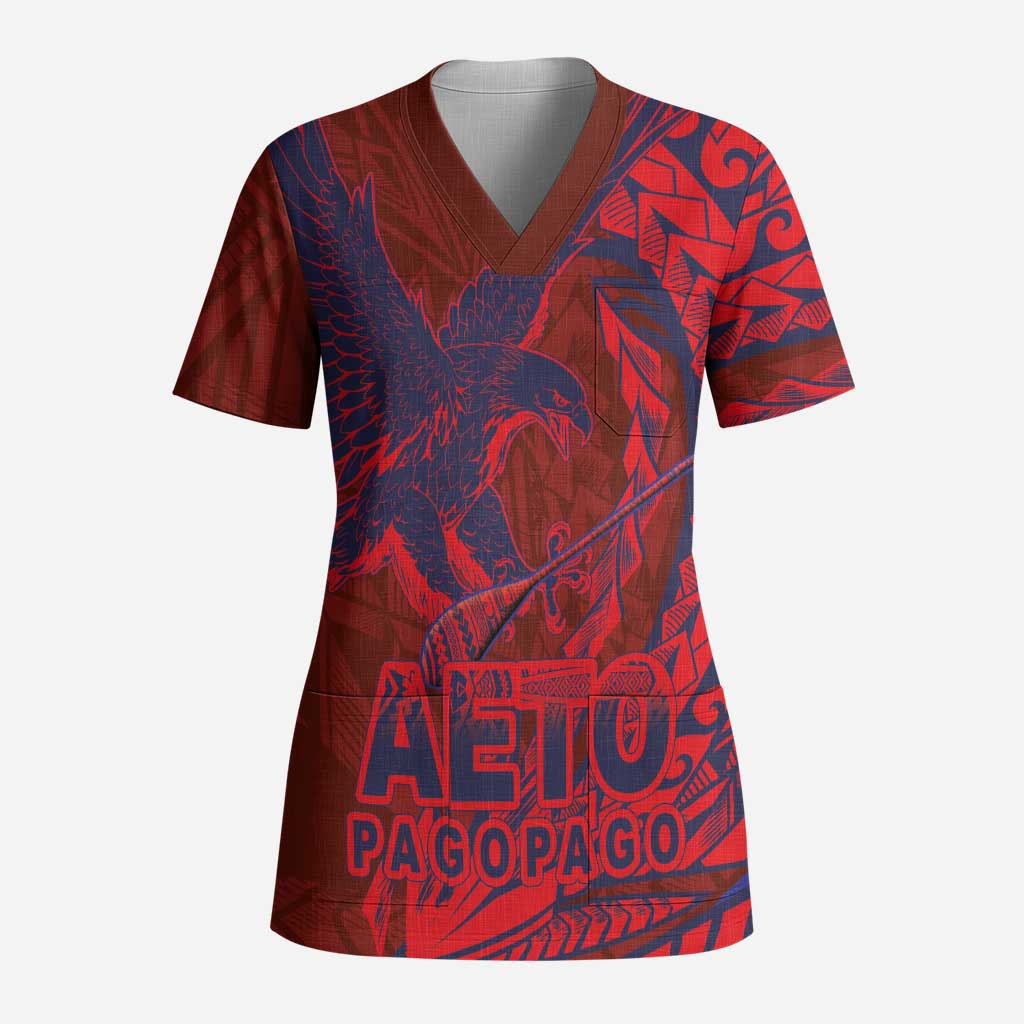 American Samoa Pago Pago Aeto Scrub Top Wingstyle Red-Blue Color LT03 Adult Red - Polynesian Pride