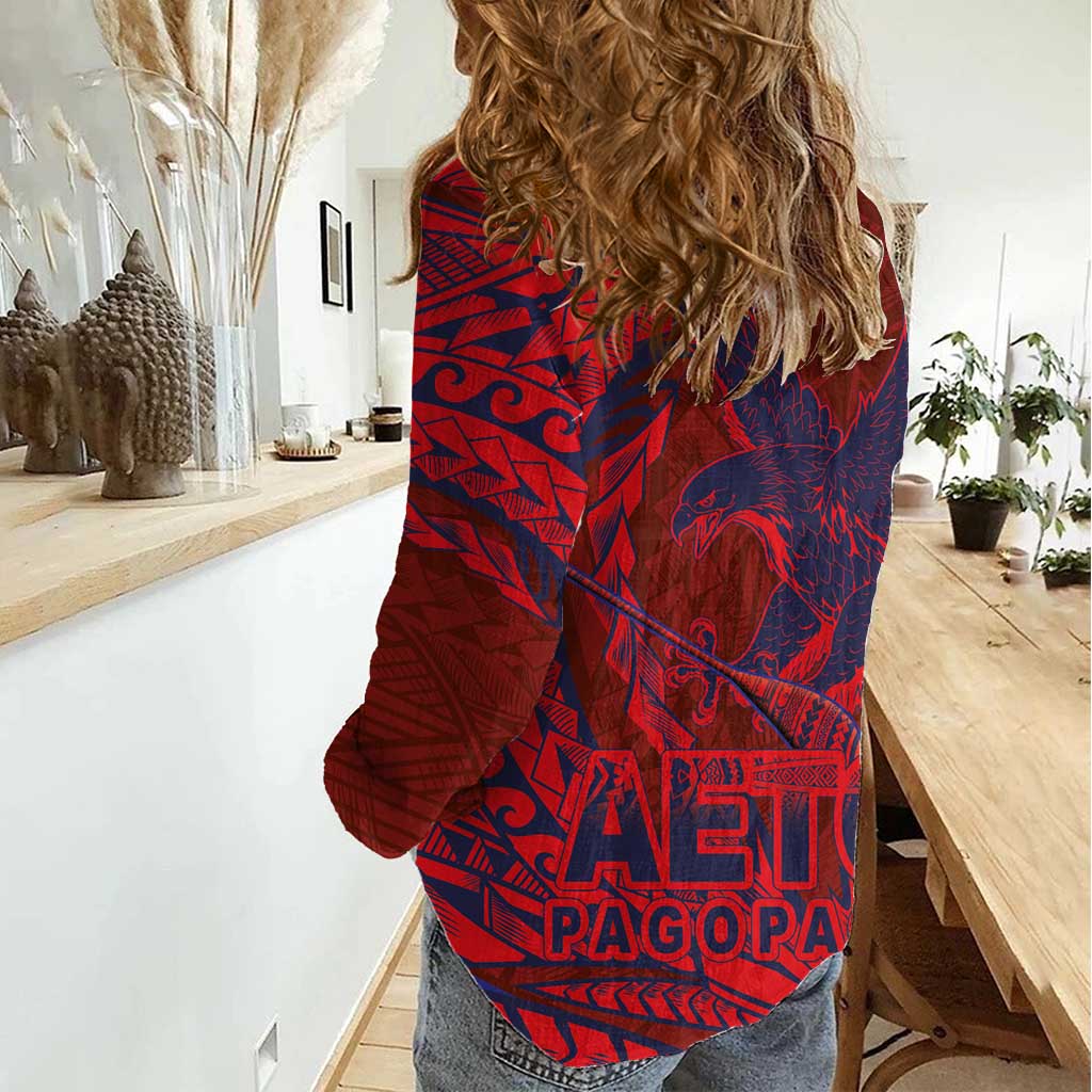 American Samoa Pago Pago Aeto Women Casual Shirt Wingstyle Red-Blue Color LT03 - Polynesian Pride