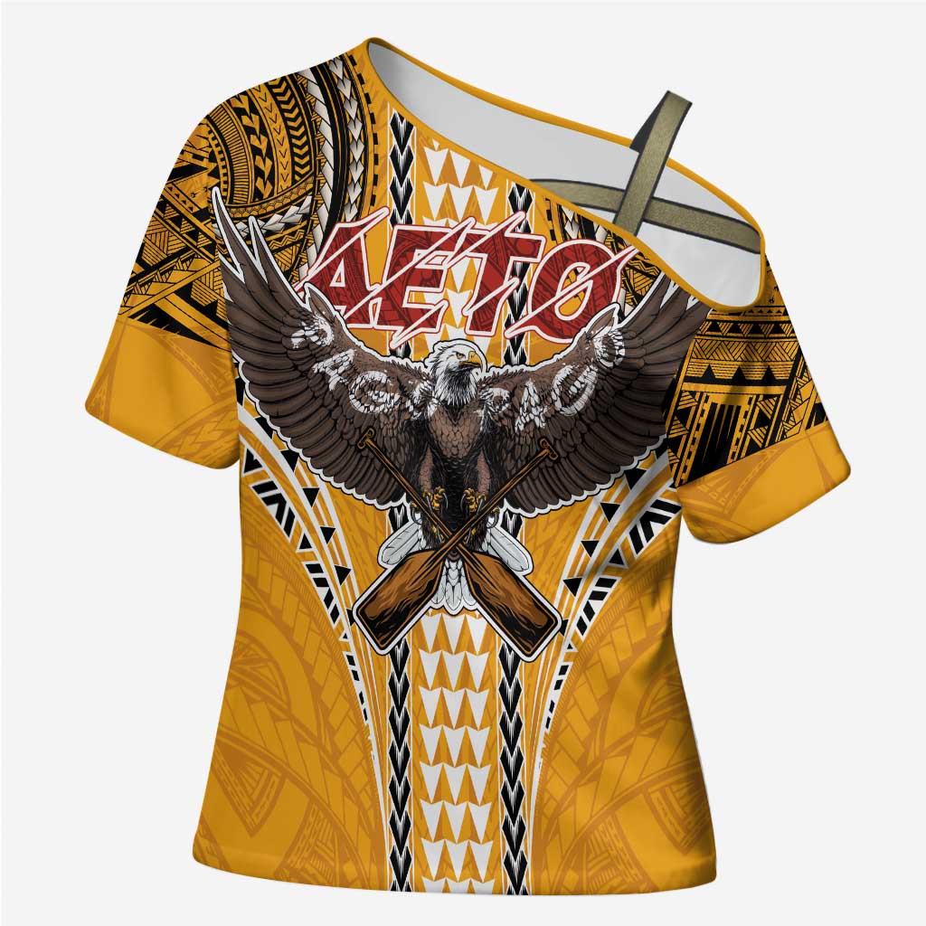 American Samoa Pago Pago Aeto Cross Shoulder Shirt Bald Eagle with Polynesian Art Tattoos LT03 Female Yellow - Polynesian Pride