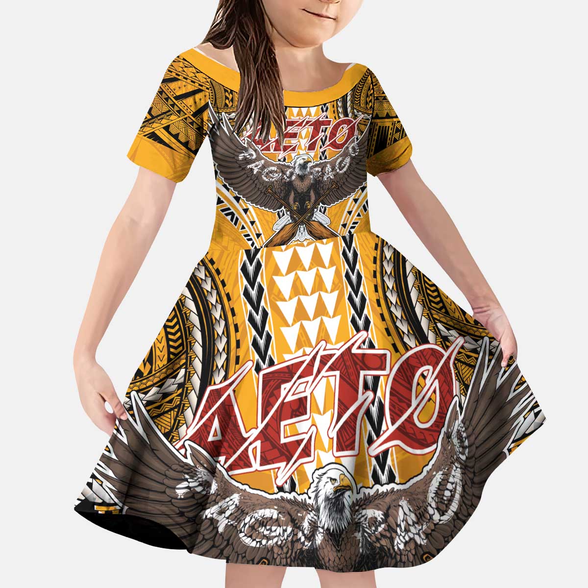 American Samoa Pago Pago Aeto Kid Short Sleeve Dress Bald Eagle with Polynesian Art Tattoos LT03 KID Yellow - Polynesian Pride