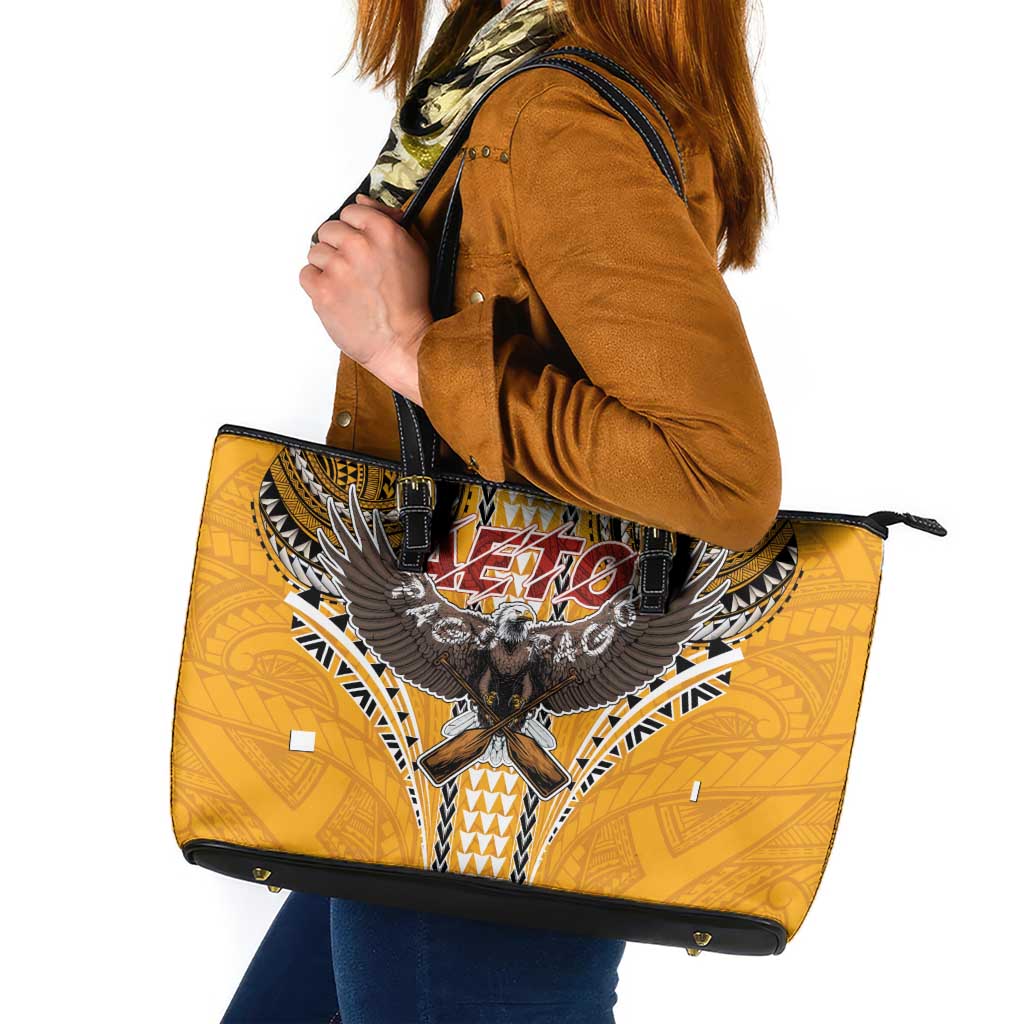 American Samoa Pago Pago Aeto Leather Tote Bag Bald Eagle with Polynesian Art Tattoos LT03 Yellow - Polynesian Pride