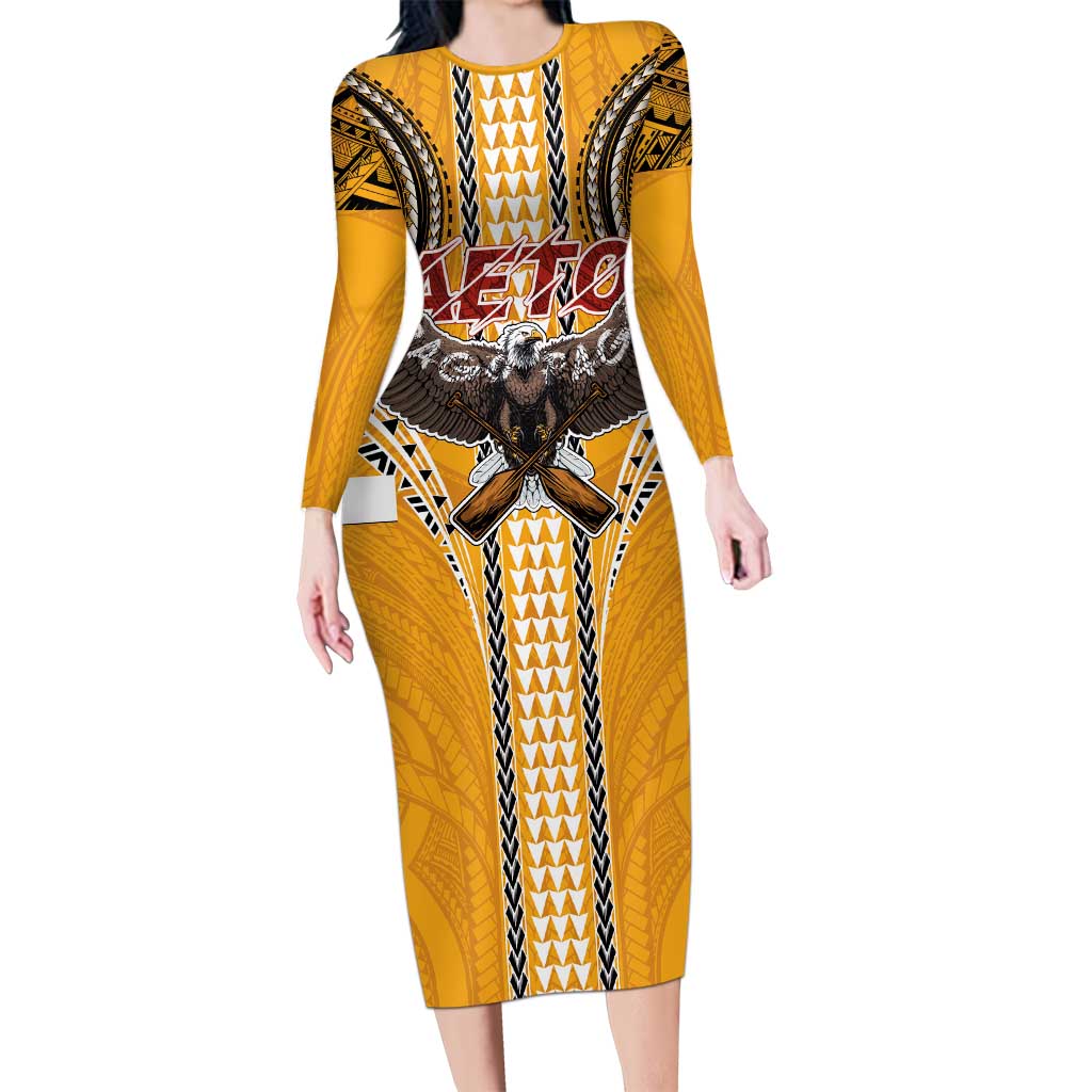 American Samoa Pago Pago Aeto Long Sleeve Bodycon Dress Bald Eagle with Polynesian Art Tattoos LT03 Long Dress Yellow - Polynesian Pride