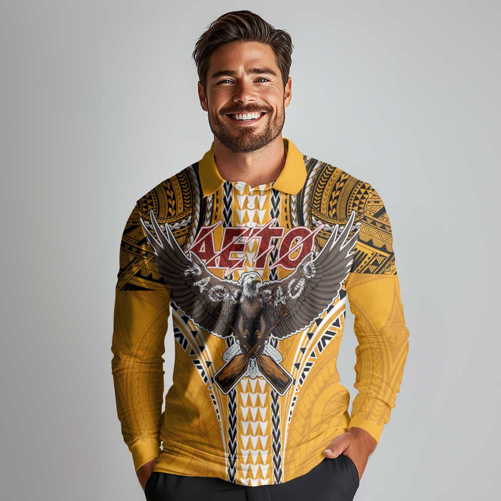 American Samoa Pago Pago Aeto Long Sleeve Polo Shirt Bald Eagle with Polynesian Art Tattoos LT03 - Polynesian Pride