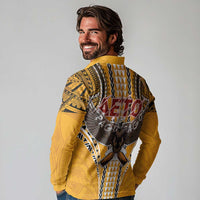 American Samoa Pago Pago Aeto Long Sleeve Polo Shirt Bald Eagle with Polynesian Art Tattoos LT03 - Polynesian Pride