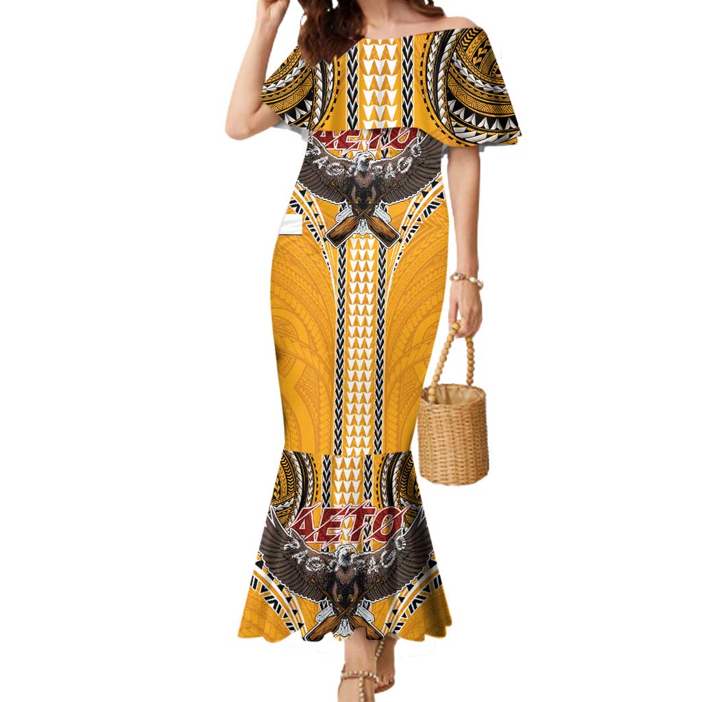 American Samoa Pago Pago Aeto Mermaid Dress Bald Eagle with Polynesian Art Tattoos LT03 Women Yellow - Polynesian Pride