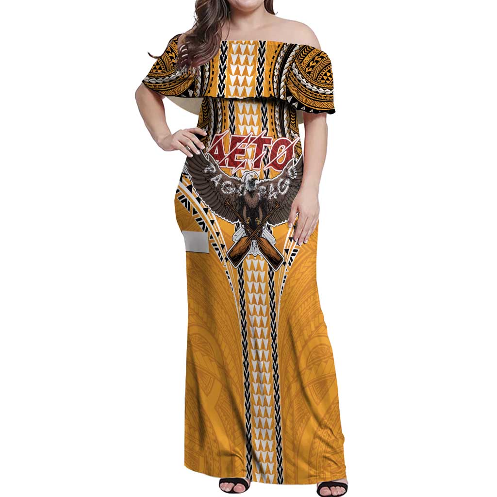 American Samoa Pago Pago Aeto Off Shoulder Maxi Dress Bald Eagle with Polynesian Art Tattoos LT03 Women Yellow - Polynesian Pride