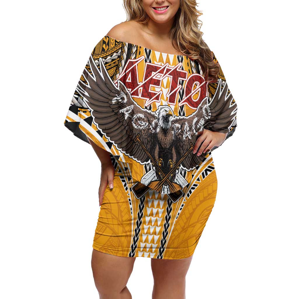 American Samoa Pago Pago Aeto Off Shoulder Short Dress Bald Eagle with Polynesian Art Tattoos LT03 Women Yellow - Polynesian Pride