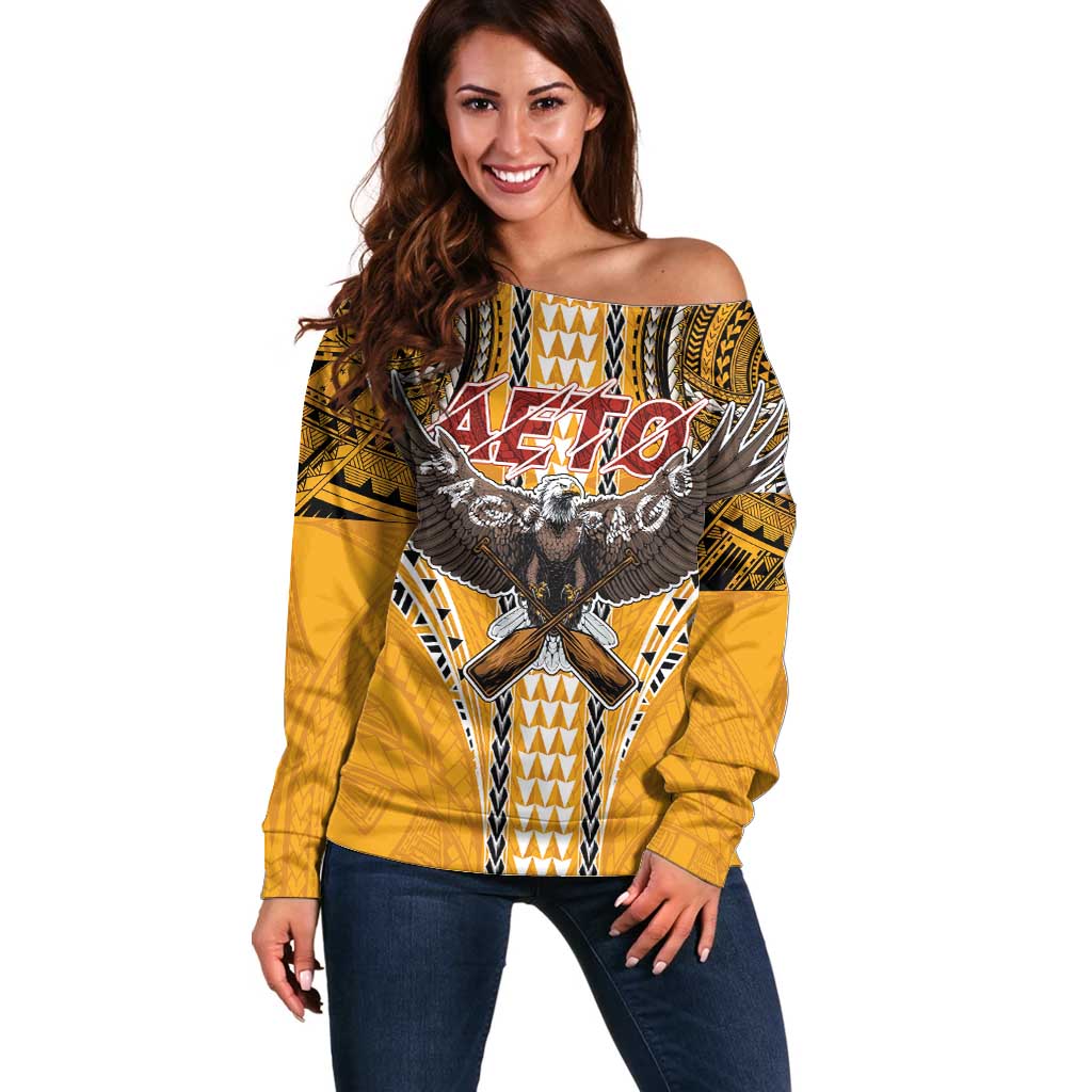American Samoa Pago Pago Aeto Off Shoulder Sweater Bald Eagle with Polynesian Art Tattoos LT03 Women Yellow - Polynesian Pride