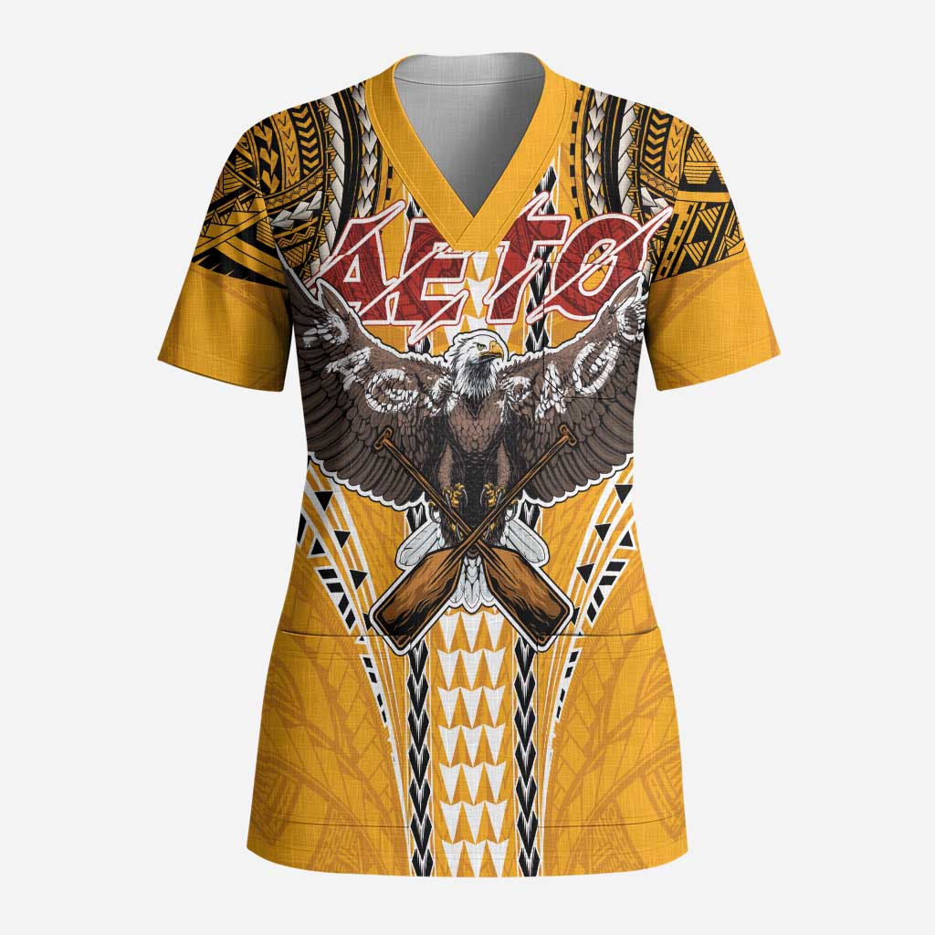American Samoa Pago Pago Aeto Scrub Top Bald Eagle with Polynesian Art Tattoos LT03 Adult Yellow - Polynesian Pride