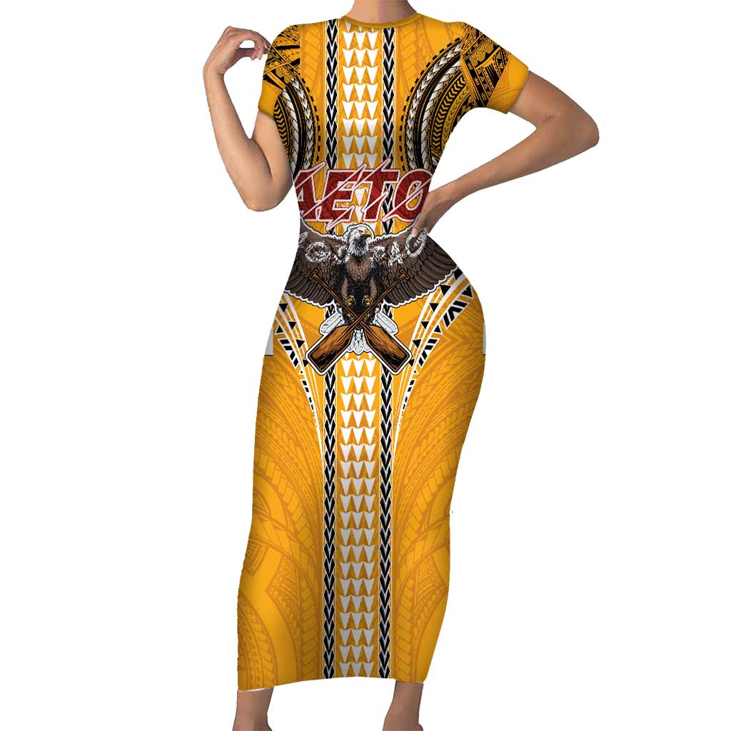 American Samoa Pago Pago Aeto Short Sleeve Bodycon Dress Bald Eagle with Polynesian Art Tattoos LT03 Long Dress Yellow - Polynesian Pride
