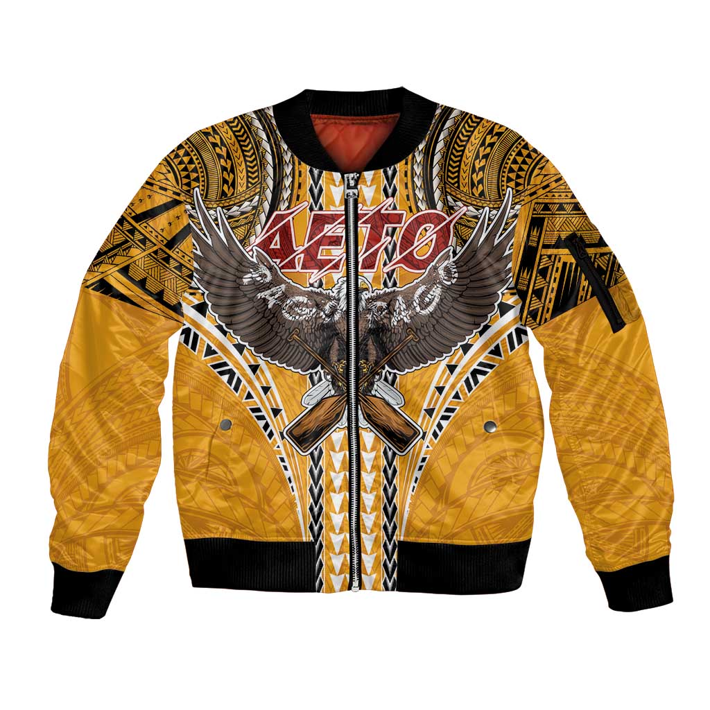 American Samoa Pago Pago Aeto Sleeve Zip Bomber Jacket Bald Eagle with Polynesian Art Tattoos LT03 Unisex Yellow - Polynesian Pride