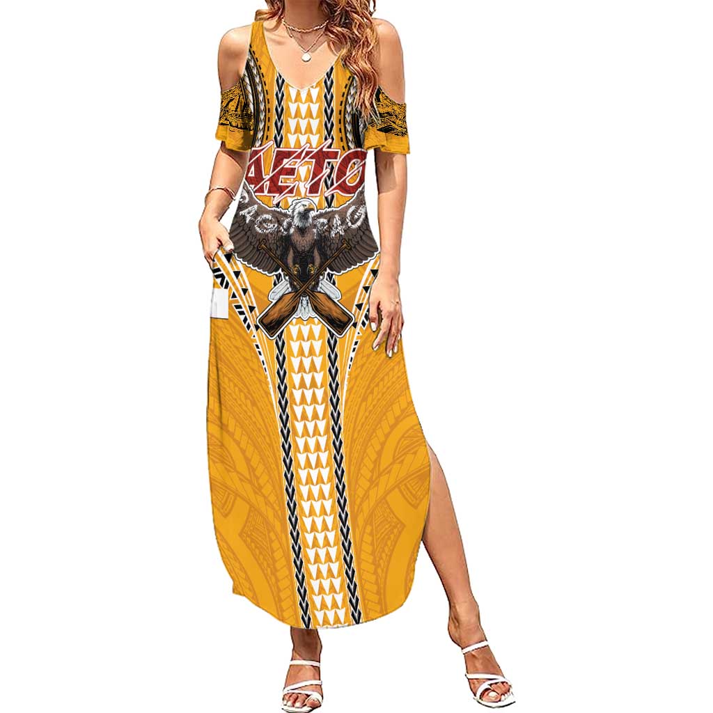 American Samoa Pago Pago Aeto Summer Maxi Dress Bald Eagle with Polynesian Art Tattoos LT03 Women Yellow - Polynesian Pride