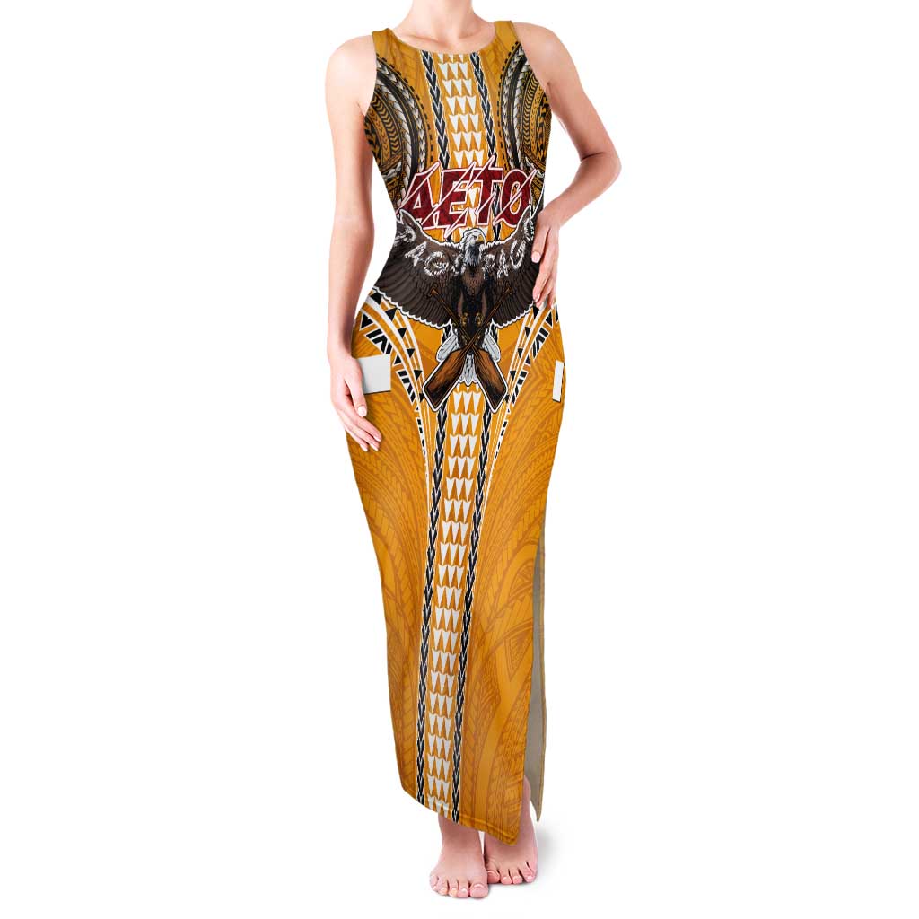 American Samoa Pago Pago Aeto Tank Maxi Dress Bald Eagle with Polynesian Art Tattoos LT03 Women Yellow - Polynesian Pride