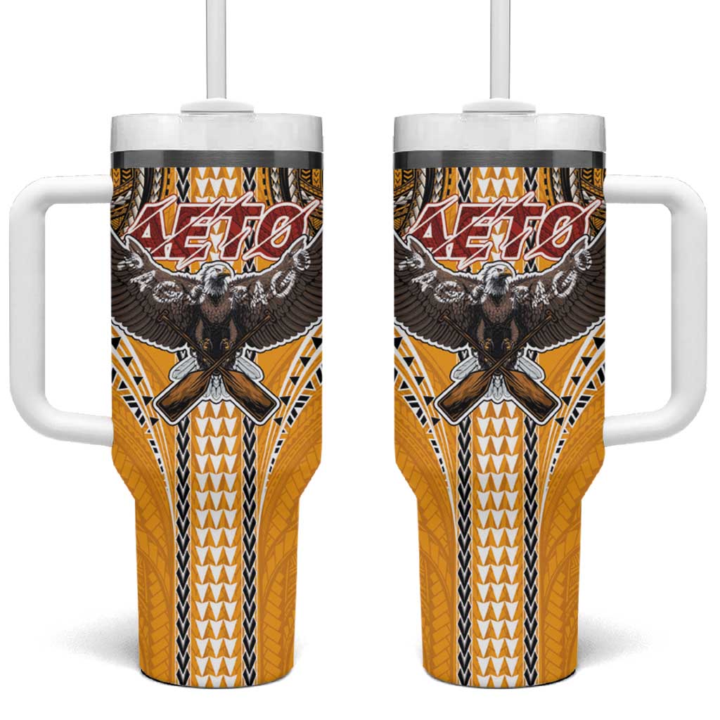 American Samoa Pago Pago Aeto Tumbler With Handle Bald Eagle with Polynesian Art Tattoos LT03 One Size: 40 oz Yellow - Polynesian Pride