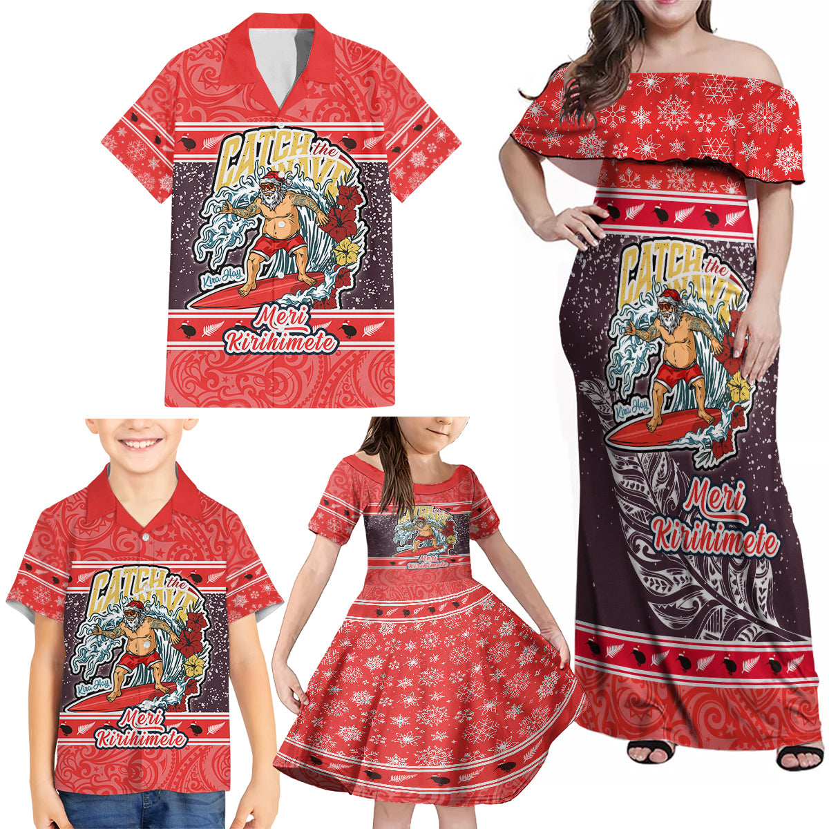 New Zealand Christmas Family Matching Off Shoulder Maxi Dress and Hawaiian Shirt Santa Catch The Wave Maori Pattern Retro Style LT03 - Polynesian Pride