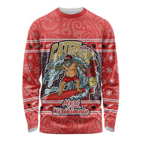 New Zealand Christmas Long Sleeve Shirt Santa Catch The Wave Maori Pattern Retro Style LT03 Unisex Red - Polynesian Pride