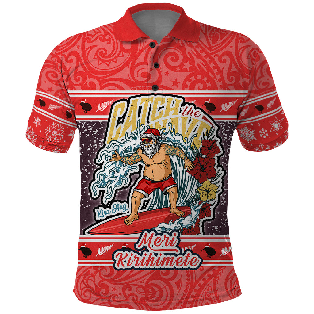 New Zealand Christmas Polo Shirt Santa Catch The Wave Maori Pattern Retro Style LT03 Red - Polynesian Pride