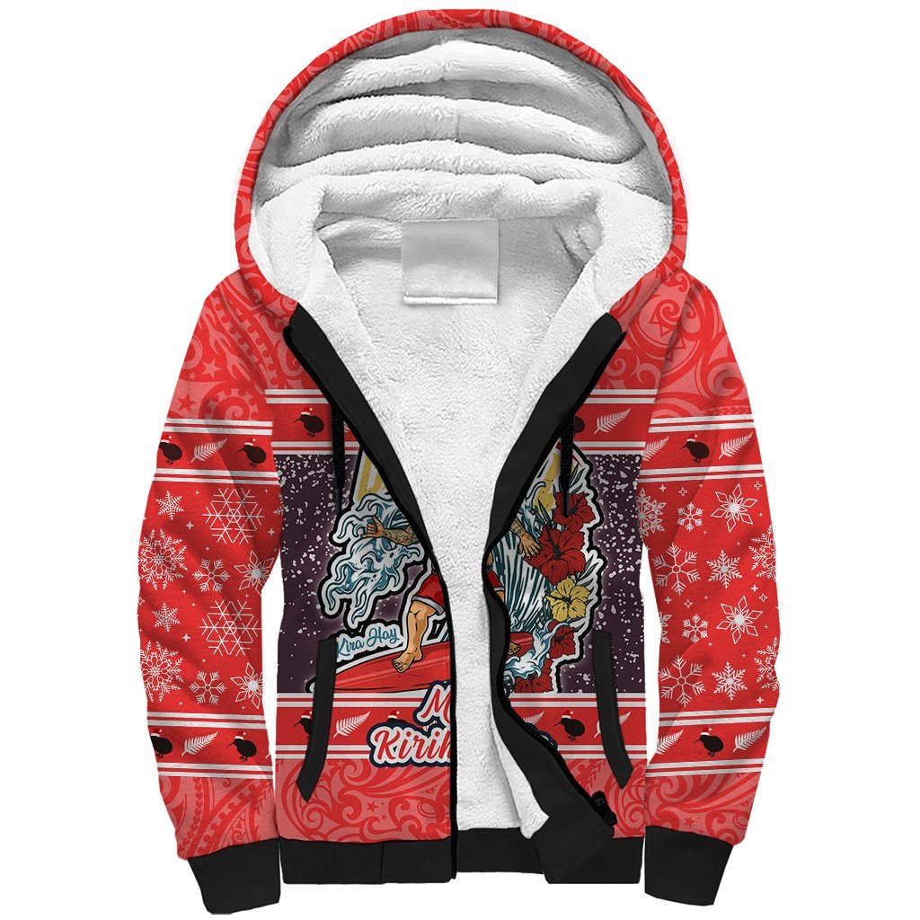 New Zealand Christmas Sherpa Hoodie Santa Catch The Wave Maori Pattern Retro Style LT03 Unisex Red - Polynesian Pride