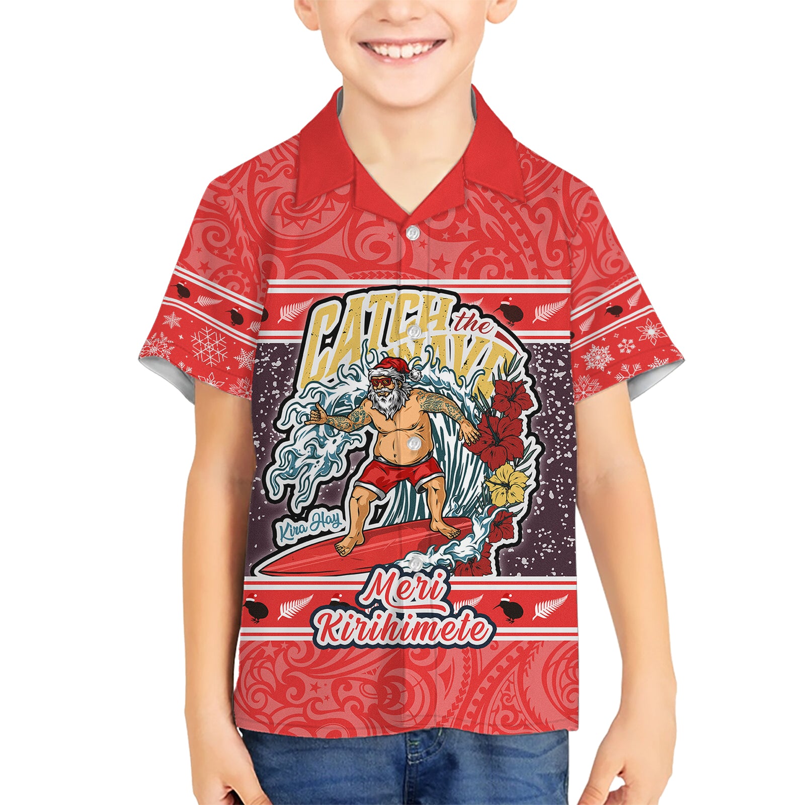 Custom New Zealand Christmas Kid Hawaiian Shirt Santa Catch The Wave Maori Pattern Retro Style LT03 Kid Red - Polynesian Pride