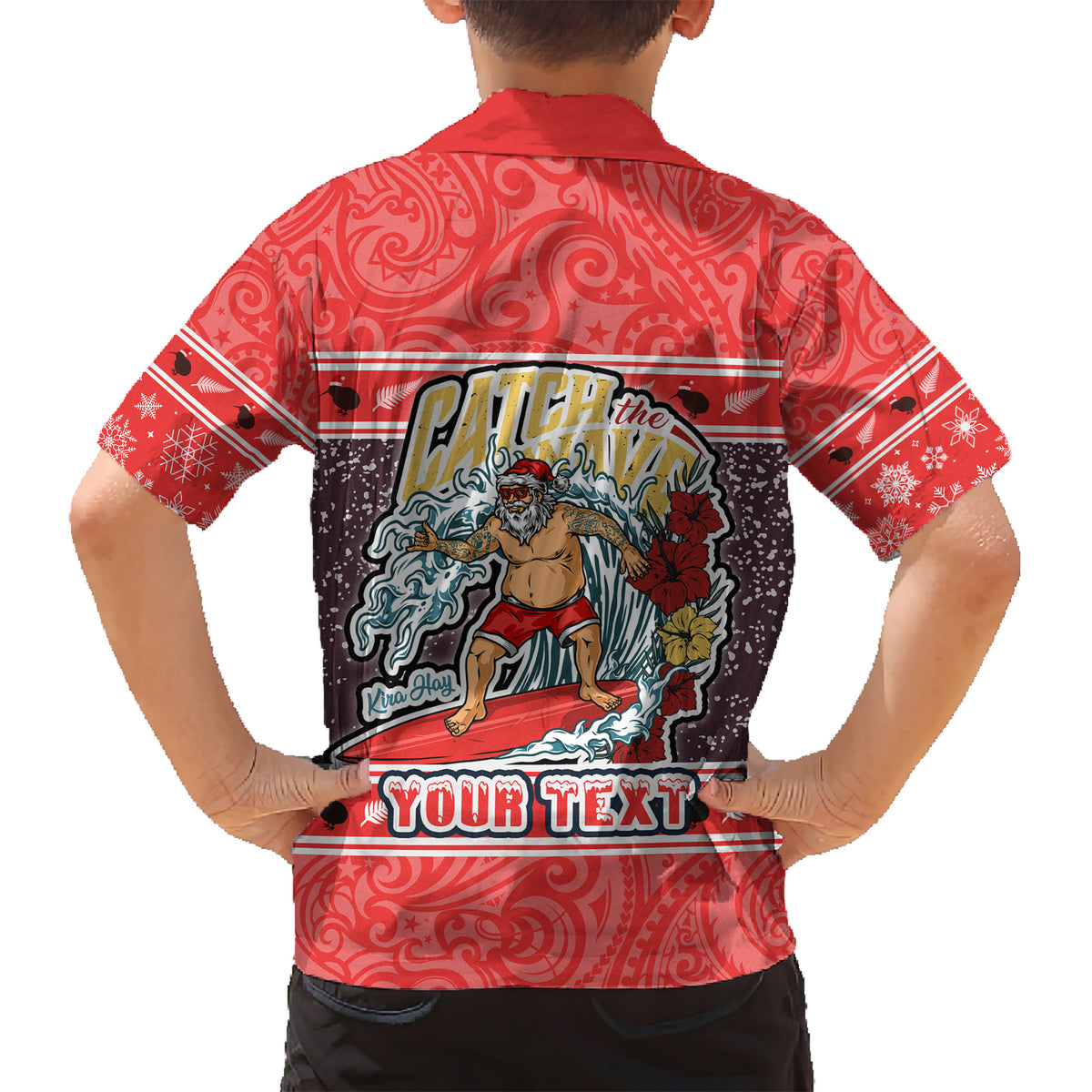 Custom New Zealand Christmas Kid Hawaiian Shirt Santa Catch The Wave Maori Pattern Retro Style LT03 - Polynesian Pride