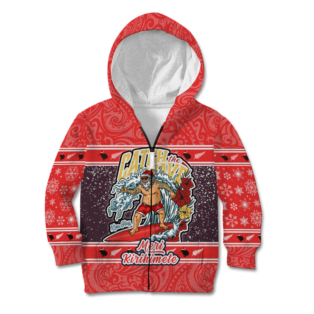 Custom New Zealand Christmas Kid Hoodie Santa Catch The Wave Maori Pattern Retro Style LT03 - Polynesian Pride