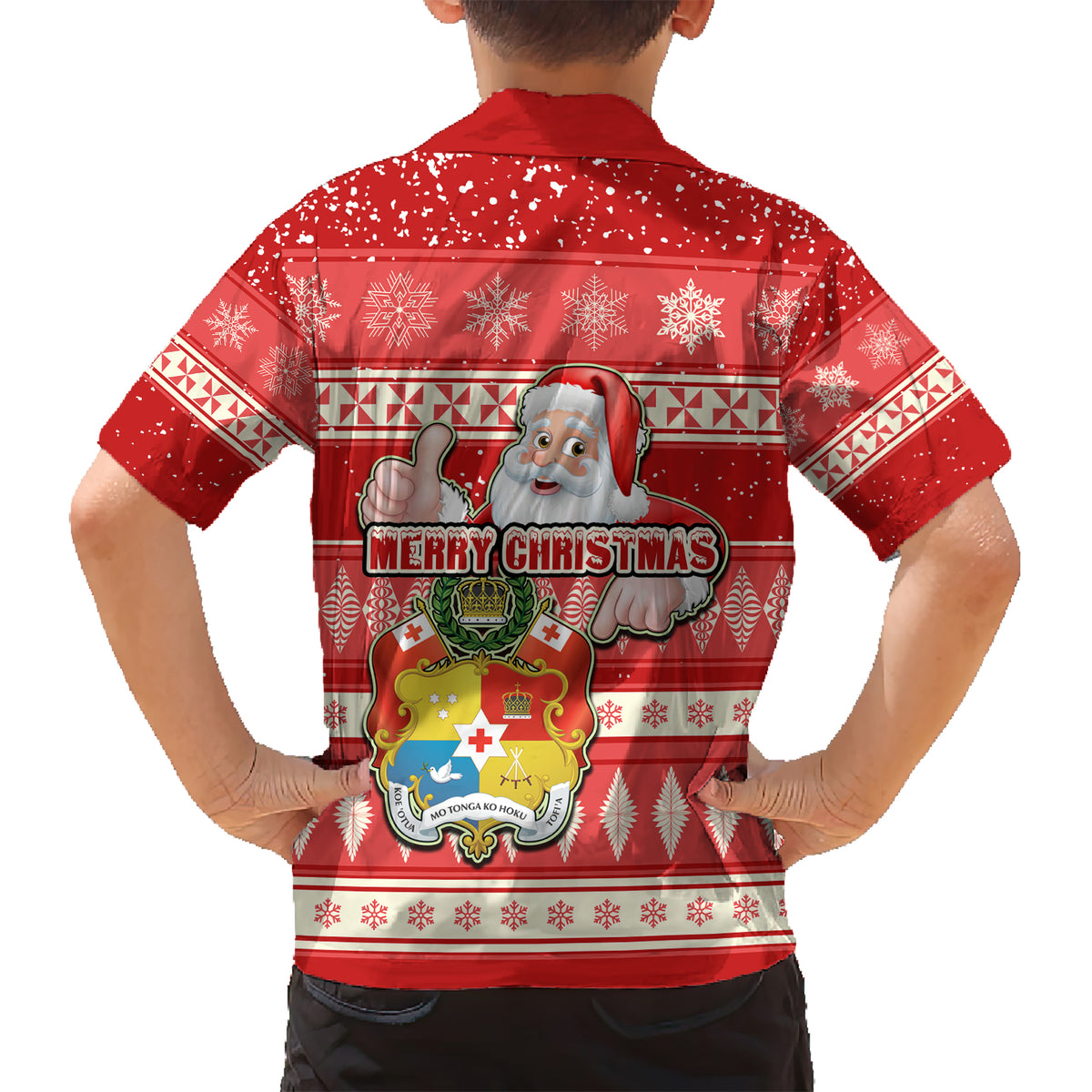 Tonga Christmas Kid Hawaiian Shirt The Santa Coat of Arms with Ngatu and Snow Pattern LT03 - Polynesian Pride