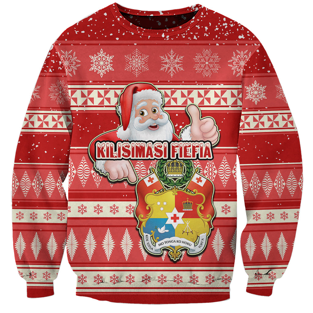 Tonga Christmas Sweatshirt The Santa Coat of Arms with Ngatu and Snow Pattern LT03 Unisex Red - Polynesian Pride