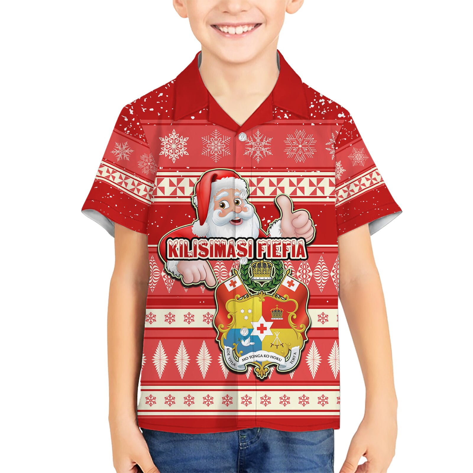 Custom Tonga Christmas Kid Hawaiian Shirt The Santa Coat of Arms with Ngatu and Snow Pattern LT03 Kid Red - Polynesian Pride