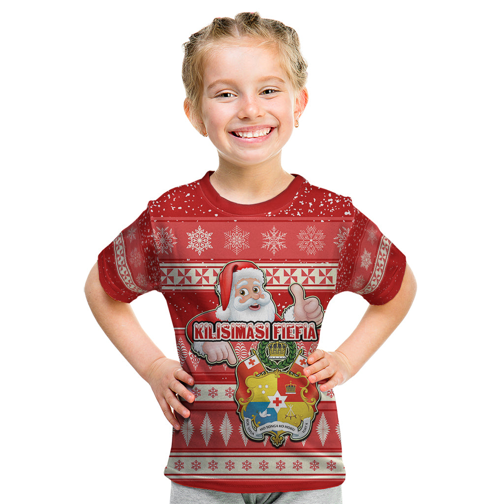 Custom Tonga Christmas Kid T Shirt The Santa Coat of Arms with Ngatu and Snow Pattern LT03 Red - Polynesian Pride