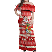 Custom Tonga Christmas Off Shoulder Maxi Dress The Santa Coat of Arms with Ngatu and Snow Pattern LT03 Women Red - Polynesian Pride